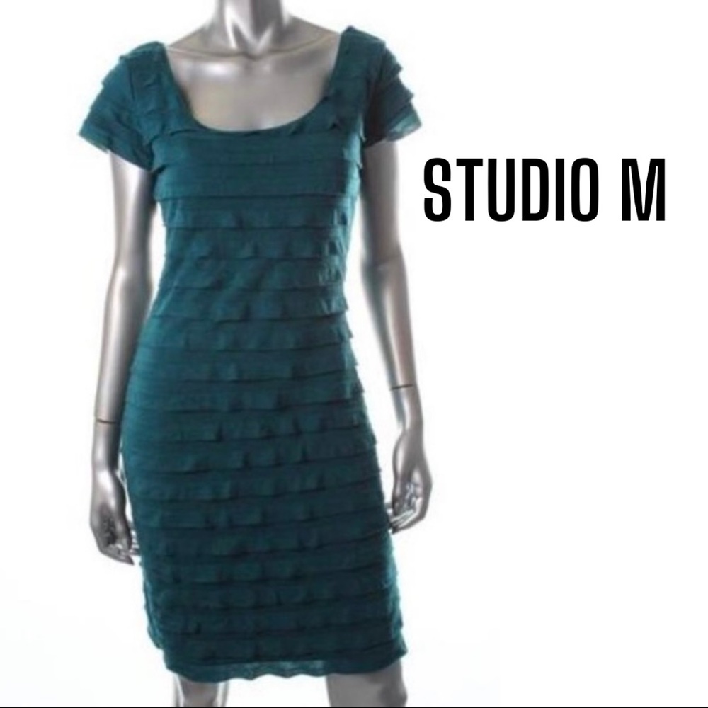 Studio M NEW Green Tiered Short Sleeves Knee-Length Casual Dress XS